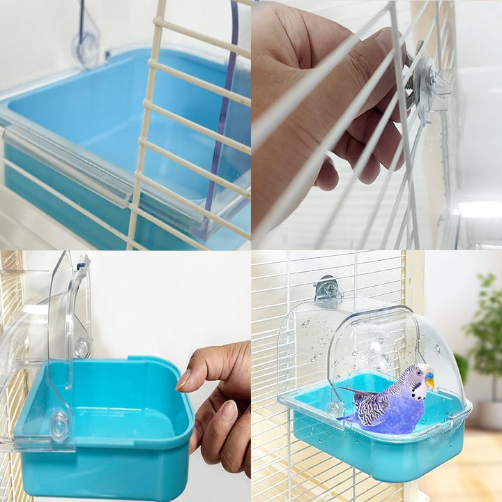 Bird Bath for Cage, Cleaning Pet Supplies Cockatiel Bird Bathtub with Hanging Hooks for Little Bird Parrots Spacious Parakeets Portable Shower for Most Birdcage(Blue)