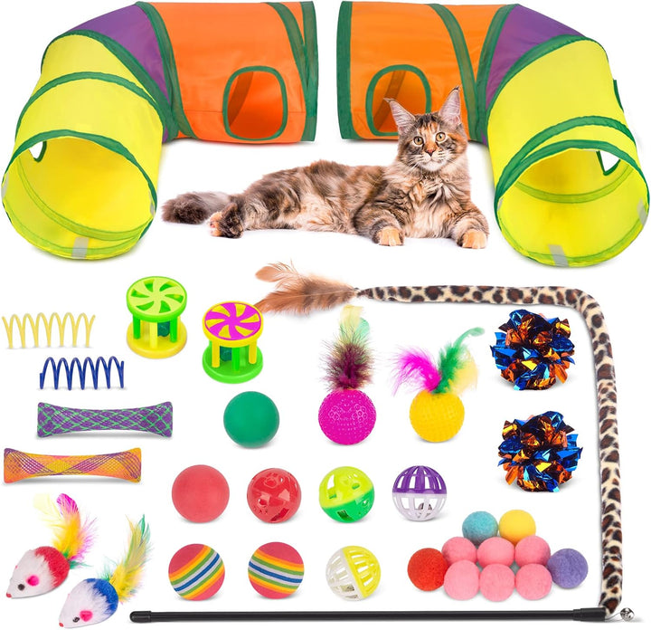 Cat Toys Bundle 33 Pack, Interactive Kitten Toys for Indoor Cats Kitty with Collapsible Play Tunnel Tube Tent Feather Wand Teaser Bell Fuzzy Ball Springs Mouse Toy