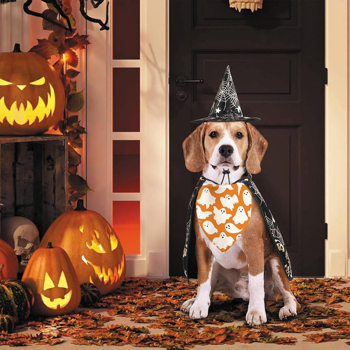 Halloween Dog Bandana Puppy Scarf - Ghosts Boo Dog Outfits - 2 Pcs Adjustable Holiday Party Triangle Reversible Dog Bandanas for Small Medium Large Dogs