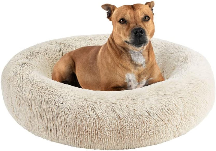 Donut Dog Bed Faux Fur Fluffy Calming Sofa for Medium Dogs, Soft & Plush anti Anxiety Pet Couch for Dogs, Machine Washable Coco Pet Bed with Non-Slip Bottom, 30"X30"X7" Ivory