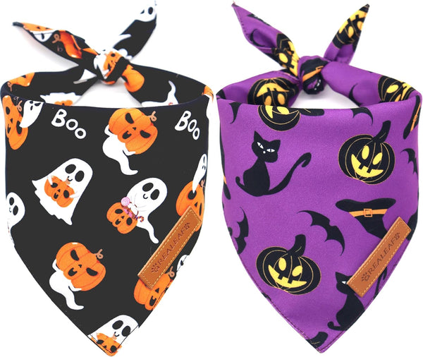 Halloween Dog Bandanas 2 Pack, Reversible Orange Pumpkin Pet Scarf for Boy and Girl, Premium Durable Fabric, Holiday Bandana for Small Medium Large and Extra Large Dogs (Large)