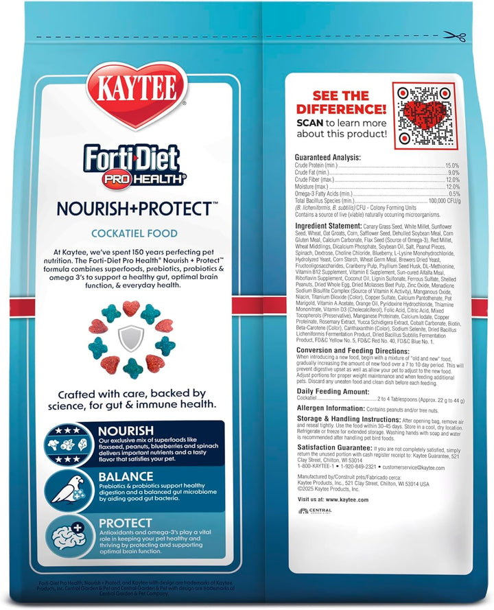Forti-Diet Pro Health Nourish+Protect Cockatiel Food, Comprehensive Nutrition Backed by Science, Digestive Health, Immune Support, 5 Pounds