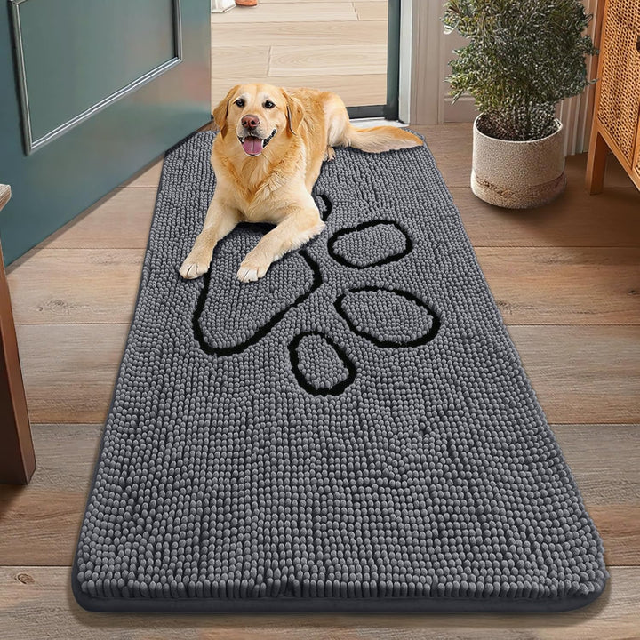 Dog Door Mat for Muddy Paws, Absorbent Dirt Trapper Non Slip Quick Dry Washable Chenille Mat for Mud Dogs, Entry Rug for Indoor and Outdoor (30X20 Inches, Grey)