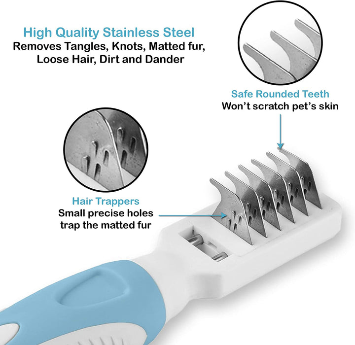 Professional Pet Mat Remover - Dematting Tool for Grooming Cats & Dogs - Removes Matted Fur, Tangles, Knots, Loose Hair & Dirt - Stainless Steel, Gentle Teeth, Soft Comfort Grip Handle,Blue