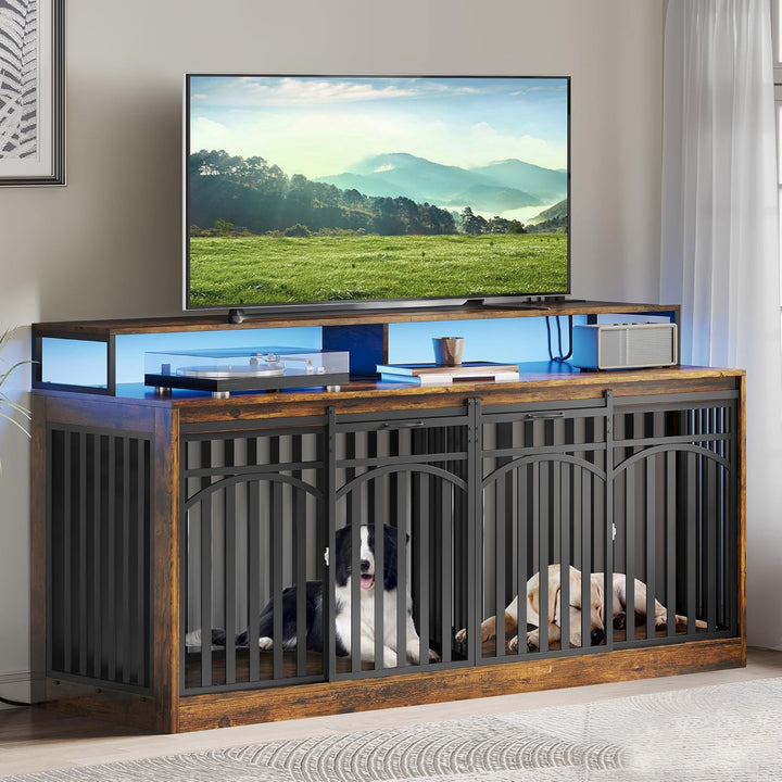 71" Double Dog Crate Furniture with LED Light & Power Outlets, Heavy Duty Dual Dog Kennel TV Stand W Storage Shelves Sliding Doors, Wooden Two Dog Cage Table 2 Medium Large Dogs, Black Oak