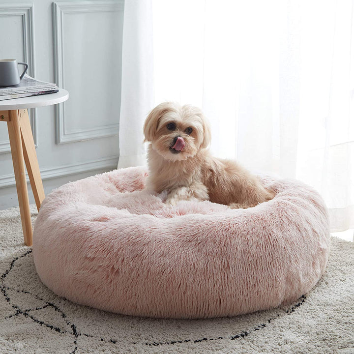 Calming Soft round Dog & Cat Bed, Anti-Anxiety Donut Cuddler Warming Cozy Fluffy Faux Fur Plush Cushion Bed for Small Medium Dogs and Cats (20"/24"/27"/30"), Light Grey