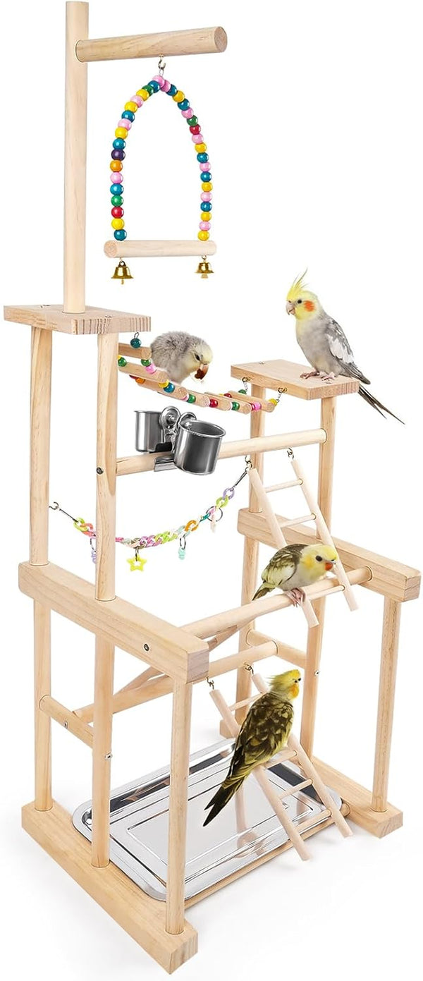 Bird Playground 4 Layer, Parrot Perch Stand Bird Play Stand for Parakeet Conure Cockatiel Lovebird Budgie, Parrot Playground with Feeder Cups, Ladder, Chain Toy, Swing and Detachable Tray