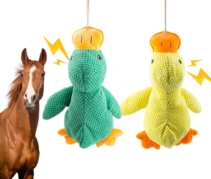 Horse Toys Squeaky Squeeze Plush Duck, Interactive Squeaky Duck Toy for Horses to Play With, Hanging Plush Enrichment Toys for Horses Goat to Prevent Boredom-Green