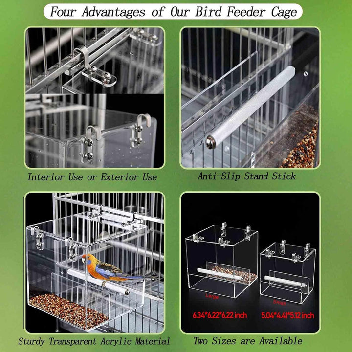No Mess Bird Feeder for Cage, Automatic Acrylic Bird Feeder Seed Catcher Tray Cage with Stainless Steel Hooks for Small Parrots Canary Parakeet Budgerigar Crested Cockatiel Lovebird (Small)