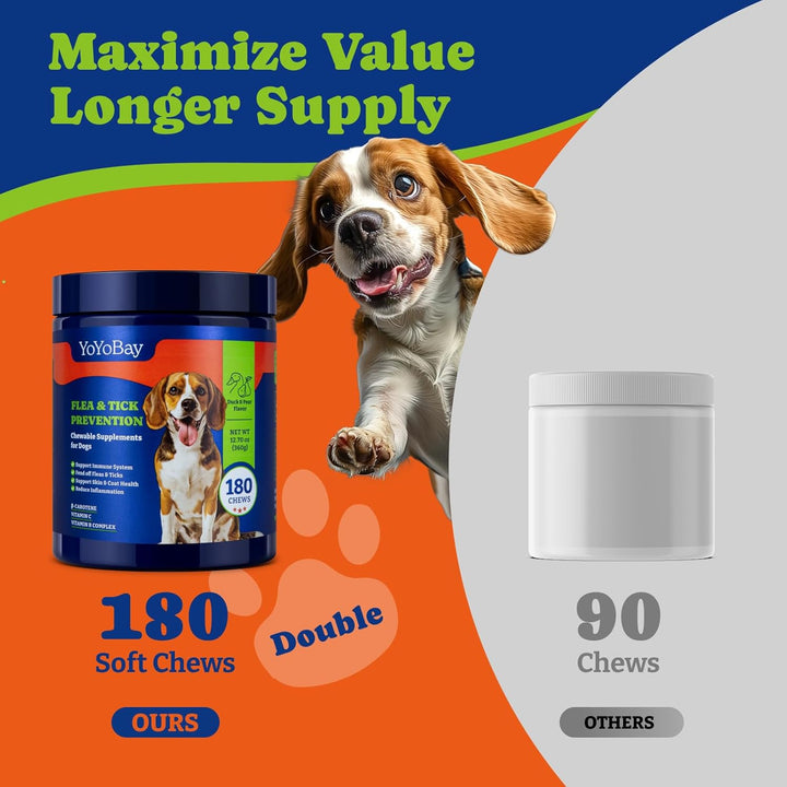 Flea and Tick Prevention for Dogs Chewable - 180 Soft Chews, Duck & Pear Flavor - Dog Flea and Tick Treatment Chewable, Natural Defense- Dog Immune Support Supplement