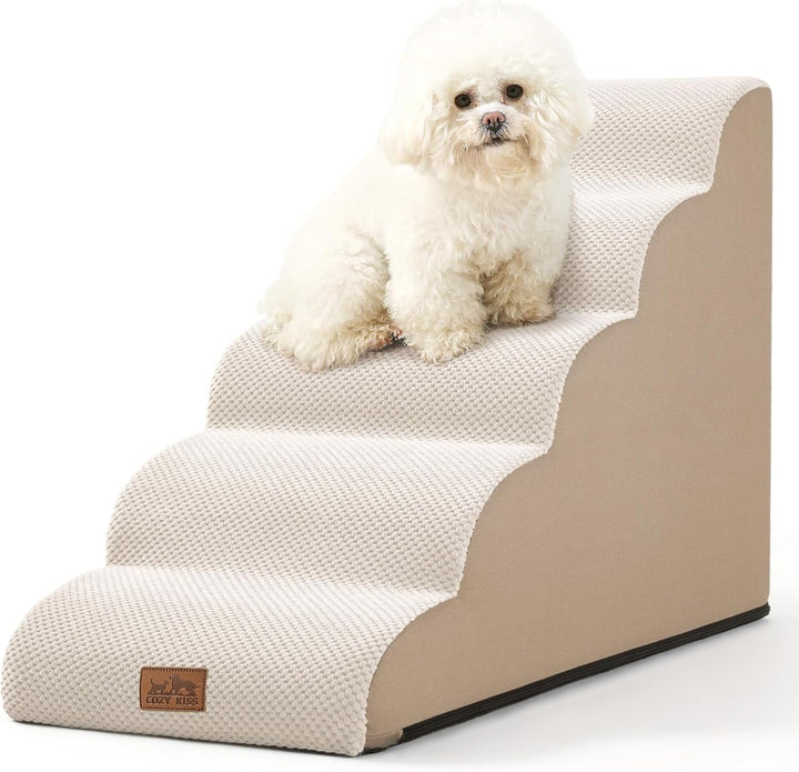 Dog Stairs for Small Dogs 15.7" H, Curved Dog Step for Puppy, Older Cat, Medium Pet Ramp for Sofa, Couch or Chair, Ladder with High Density Foam, 15.7X22.4X15.7 Inch, 3 Step, Beige
