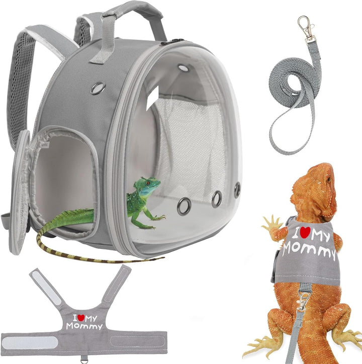 Bearded Dragon Carrier Backpack with Security Printing Harness Leash Set, Reptile Lizard Space Capsule Astronaut Clear Bubble Window Travel Carrier for Small Animal Guinea Pig(Black, Security Harness)