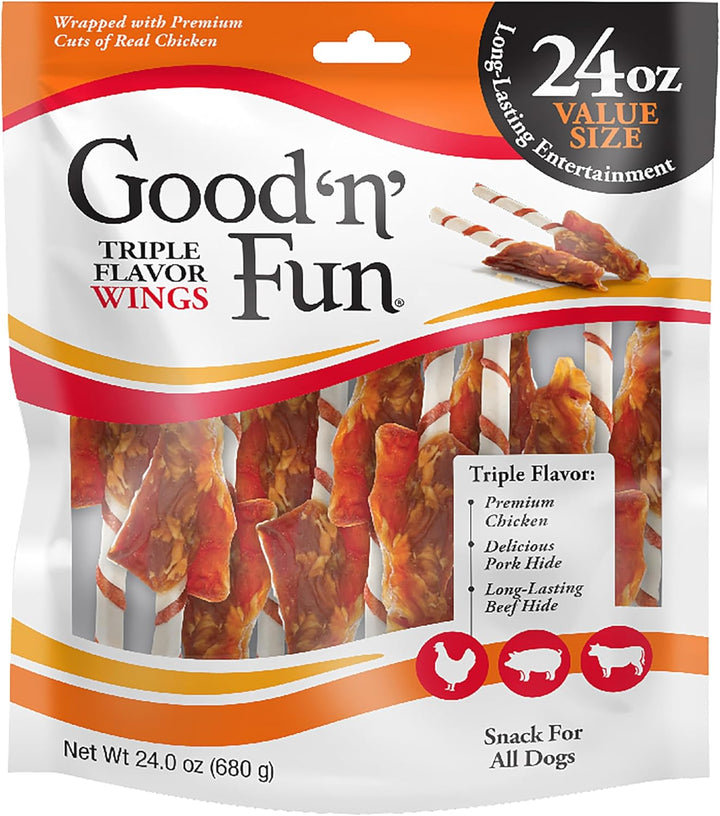 Good ‘N’ Fun Triple Flavor Wings Chews for All Dogs, 12 Ounces, Treat Your Dog to Long-Lasting Chews Made with Chicken, Pork Hide and Beef Hide