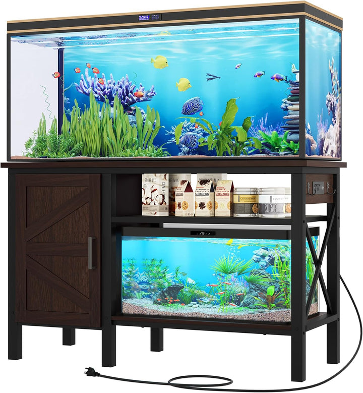40-50 Gallon Fish Tank Stand with Power Outlet, 40X18 Inch Metal Aquarium Stand with 3-Tier Adjustable Storage Shelves and Hooks, 700LBS Capacity, Black
