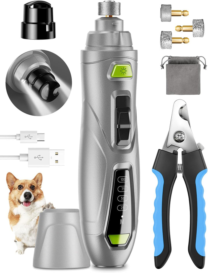 Dog Nail Grinder & Clipper 2-In-1 Set - 25Db Ultra Quiet with 3 Grinding Wheels & 2 LED Lights, Rechargeable for Large/Puppy Dogs & Cats, 3-Speed Adjustable for Anxious Pets