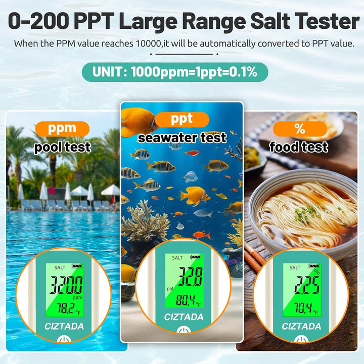 Digital Salinity Tester for Salt Water - Aquarium Salinity Meter with ATC, IP67 Waterproof, 0-200 PPT Large Range Multi-Parameter Tester for Seawater, Fish Tank, Hydroponics
