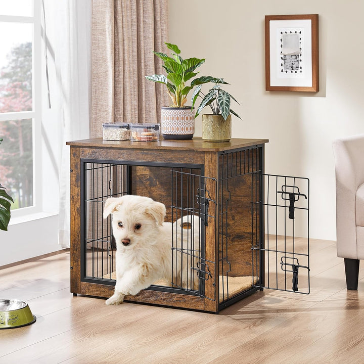 27.5'' Dog Crate Furniture with Cushion Wooden Dog Crate with Double Doors/Adjustable Feet Side End Table for Small/Medium Dogs, 27.5" L X 20" W X 24" H