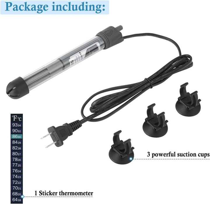 25W 50W 100W 200W 300W Adjustable Aquarium Heater, Submersible Fish Tank Heater Thermostat with Suction Cup (50W)
