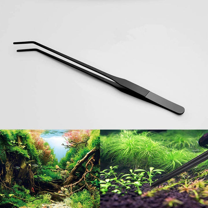 15 Inch Black Curved Aquarium Tweezers Stainless Steel Curved Tweezer with Carbonation Protection Coating against Rust Long Reptiles Feeding Tongs for Aquatic Plants Lizards Spider Snakes