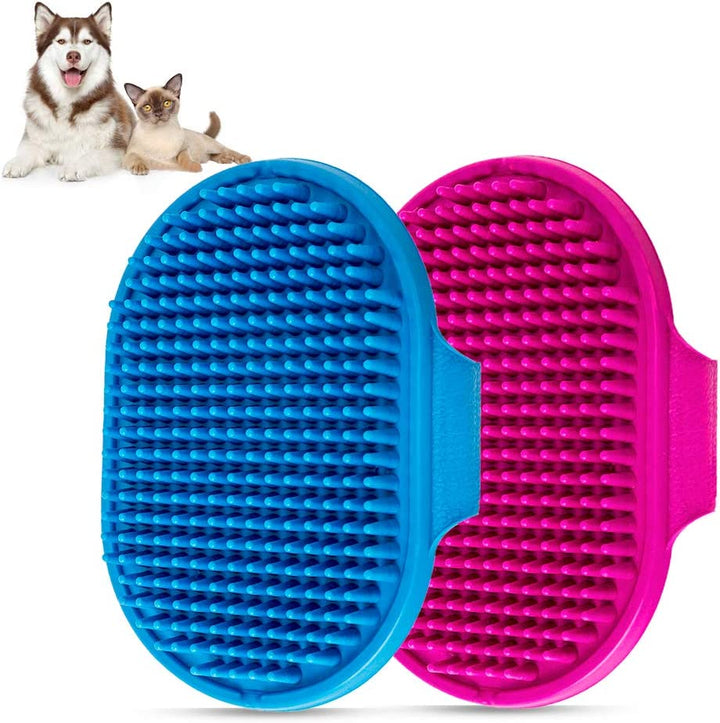 Dog Bath Brush,  Pet Bath Comb Brush Soothing Massage Rubber Comb 2Pcs with Adjustable Ring Handle for Long Short Haired Dogs and Cats (Blue+Rose)