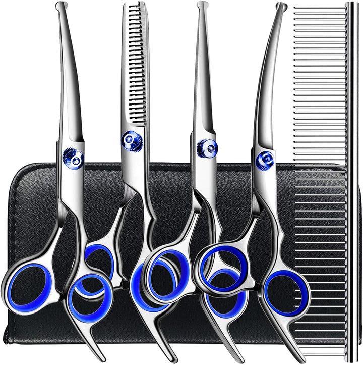 5 In1 Dog Grooming Scissors Kit, Professional Dog Scissors for Grooming with Safety round Tips, Titanium Coated Grooming Shears for Dogs Cat Pet at Home