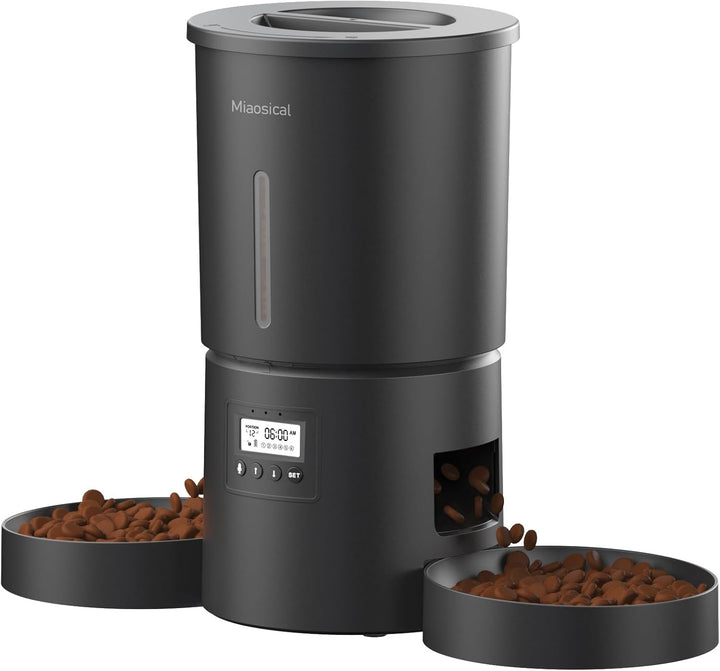 Dual Automatic Cat Feeder 2 Cats,6 Meals/Day,12 Portions/Meal,4.2L Dual Power Double Bowls Feeder,Dry Food Auto Pet Dispenser,10S Voice Record,Flexible Schedule Timer (Black,Stainless Dual Bowls)