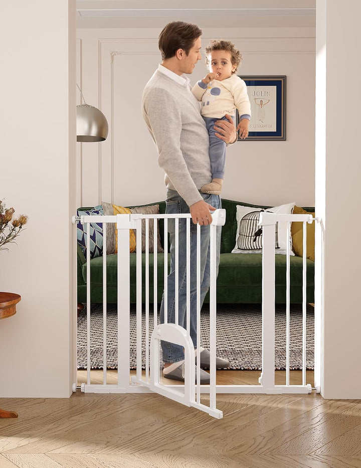 Baby Gate with Adjustable Cat Door,29-43" Auto Close Durable Pet Door for Stairs,Doorways and House,Pressure Mounted,Easy Install,Effortless Walk Thru,White