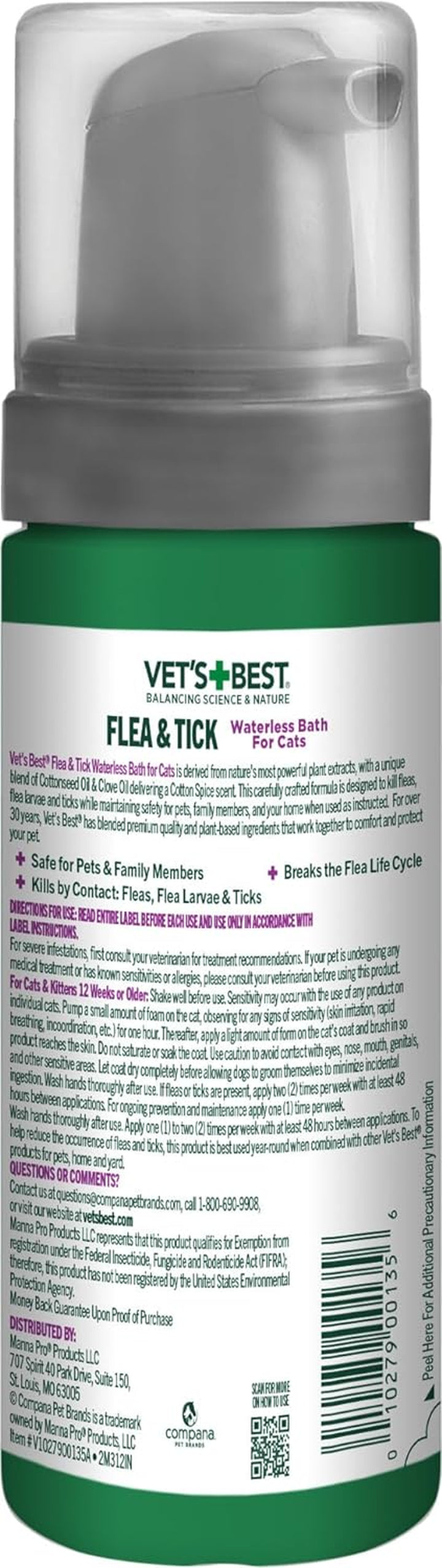 Natural Waterless Flea & Tick Bath for Cats – Natural No-Rinse Dry Shampoo with Plant-Based Ingredients – Flea and Tick Prevention and Control with Certified Essential Oils – 5 Oz Bottle