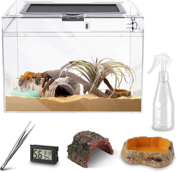 Reptile PC Terrarium,Anti Breakage 12X7X9 Inch Insect Amphibians Tank Spider Starter Kits,Top Sliding Door Screen Ventilation Mini Gecko Habitat Cages,Hygrometer Thermometer,Hide Cave,Tweezer,Sprayer
