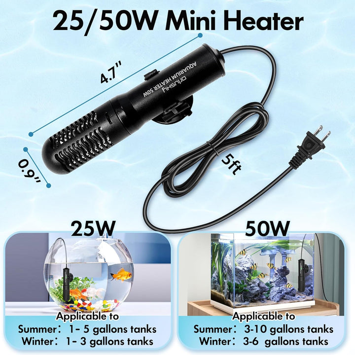 25W Small Submersible Aquarium Heater, Constant Temperature Betta Fish Tank Heater of 78℉For 1-6 Gallons Freshwater & Saltwater Tanks