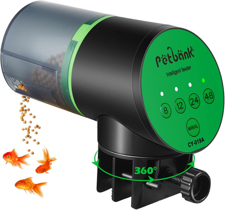 Automatic Fish Feeder for Aquarium - Auto Fish Food Dispenser Rechargeable for Small Large Tank with USB Charger Cable，12/24/48H Interval Esay Set up (Black, CY-019)