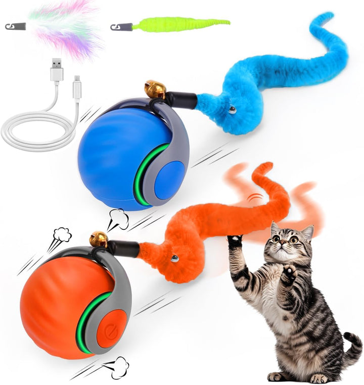 Interactive Cat Toy Ball - Speedy Cat Toys for Indoor Cats with Feather Tails for Chasing, Moving Stimulation Smart Cat Toy for Enrichment, Motion Activated Automatic Rolling Toys to Keep Them Busy