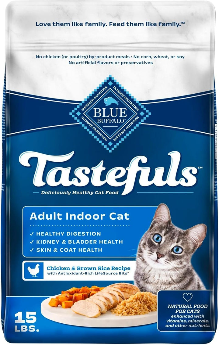 Tastefuls Adult Dry Cat Food Indoor Cat Formula, Made in the USA with Natural Ingredients, Chicken & Brown Rice Recipe, 3-Lb. Bag