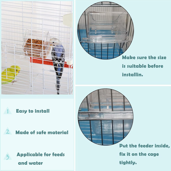 2 Pack Clear Water Bowl and Food Container - Bird Cage Feeder with Perch for Parakeets - No Mess Design
