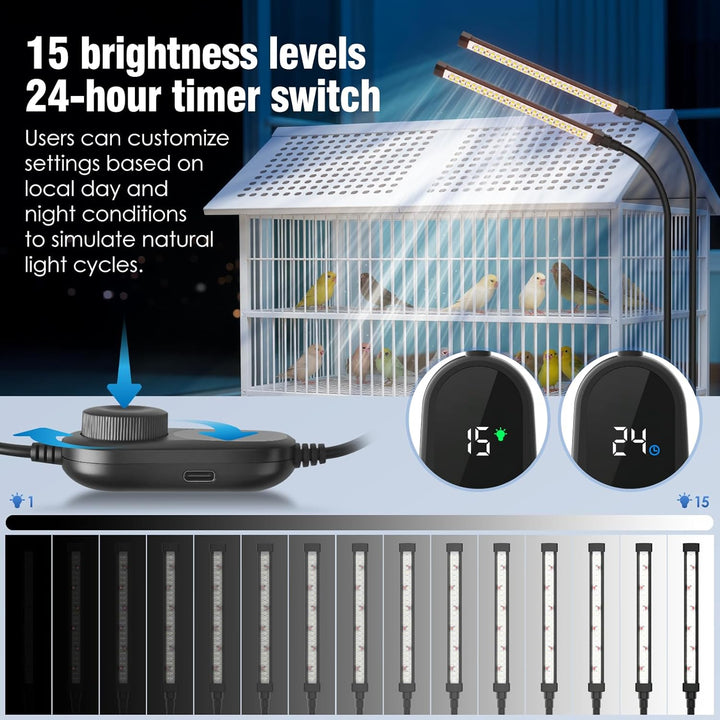 Bird Lighting Bird Cage Light Fixture Combo Kit Full Spectrum LED Pet Light, 15 Brightness Levels,24 Hours Timer, 100Pcs LED Beads, Simulates Natural Environment