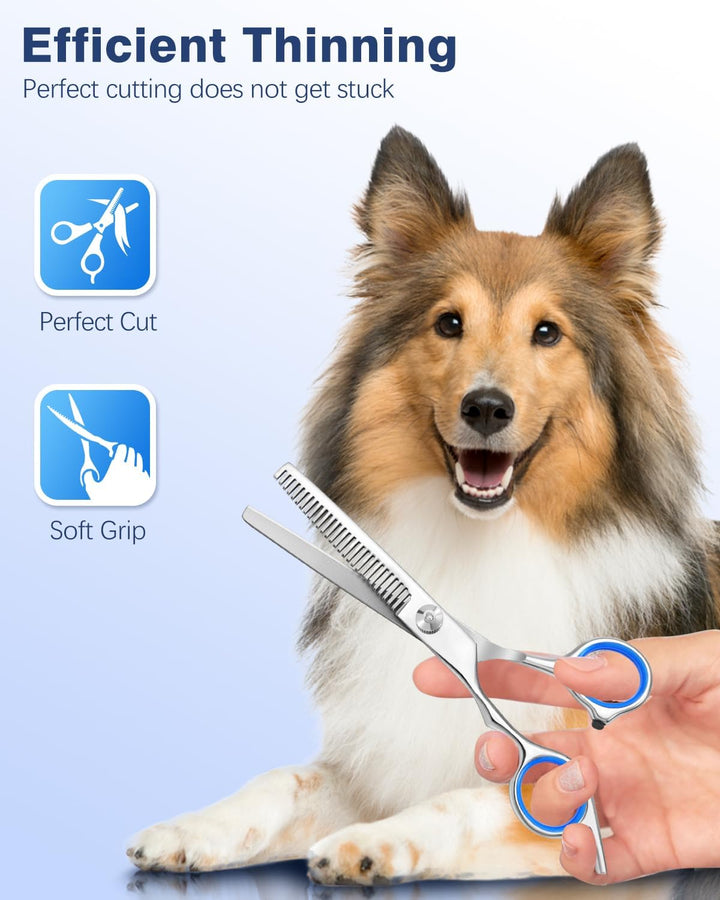 6-In-1 Dog Grooming Scissors - Professional Stainless Steel Hair Cutting Kit with Safety Rounded Tips, Ergonomic Soft-Grip Handles for Small & Large Dogs, Cats