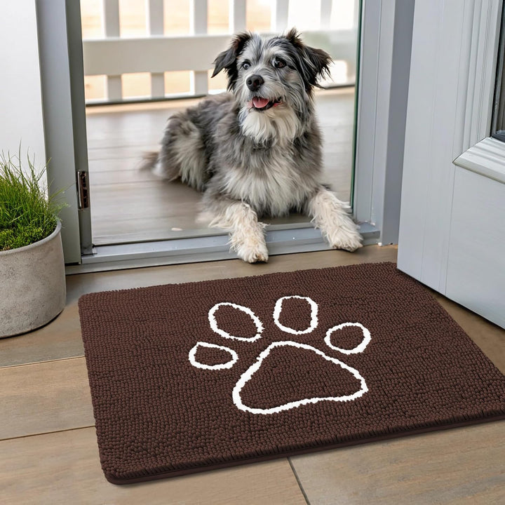 Dog Door Mat for Muddy Paws, Absorbent Dirt Trapper Non Slip Quick Dry Washable Chenille Mat for Mud Dogs, Entry Rug for Indoor and Outdoor (30X20 Inches, Grey)