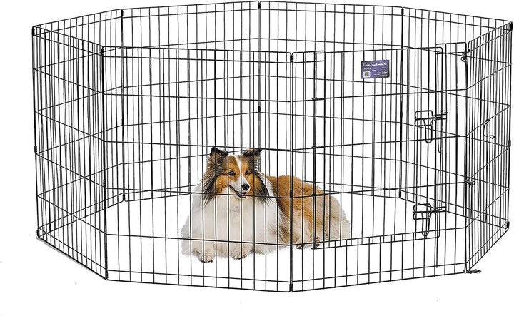 Folding Metal Puppy/Dog Exercise Pen, Indoor/Outdoor Playpen with Secure Door, Provides 16 Sq Feet of Play Space, 24-Inches Tall, Black E-Coated