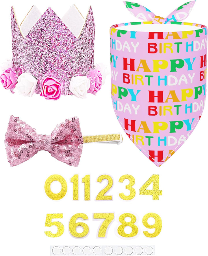 Pink Crown Dog Birthday Party Hat for Girls Reusable Birthday Party Cat Kitten Headband with 0-9 Figures Charms Grooming Accessories with Glue Pack of 1