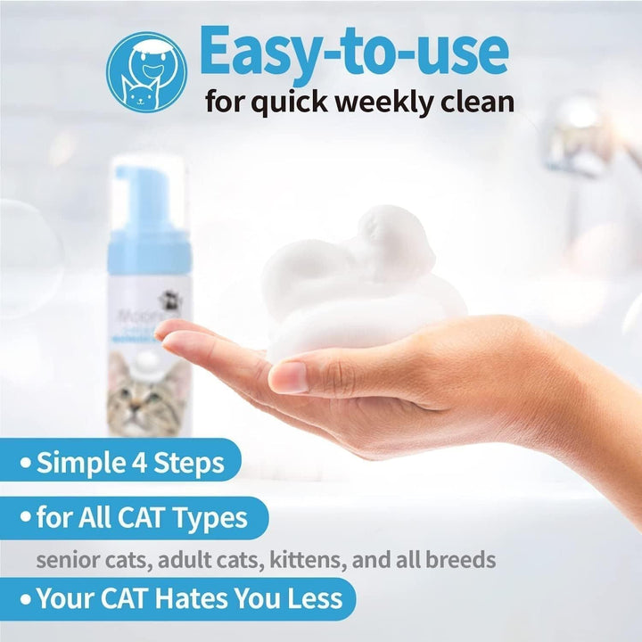 Waterless Cat Shampoo, 100% Licking Safe & Vet Approved No Rinse Dry Bath Foam - Gentle Deodorizer for Short Haired Cats, Seniors & Kittens - Soothes Sensitive Skin, Reduces Dander & Odor