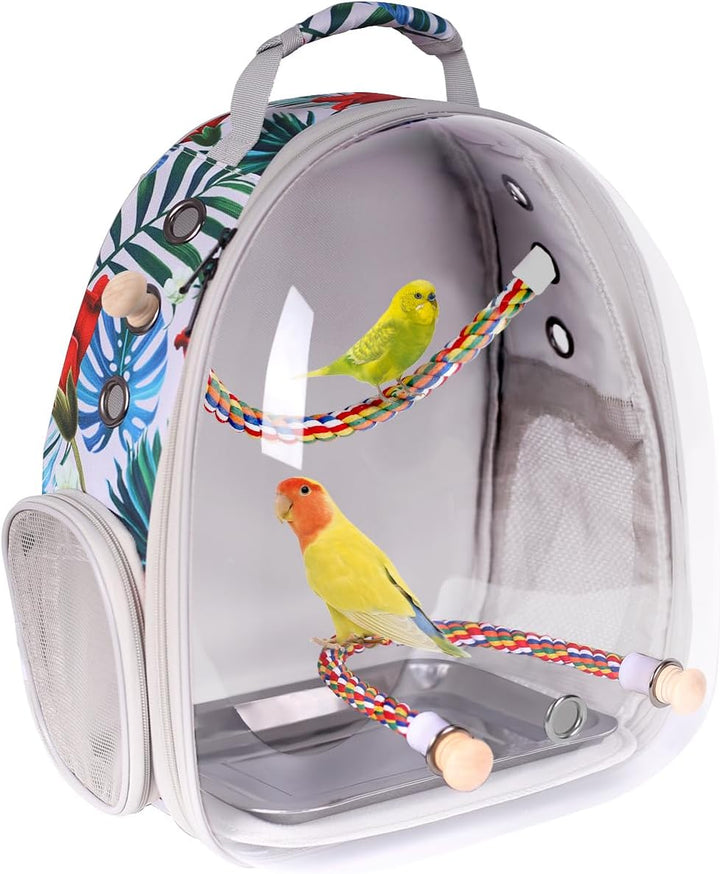 Bird Traval Carrier Cage, Clear Space Capsule Astronaut Backpack to Carry Parakeet Cockatiel Parrot with Metal Tray Wood Perch, Vet Transport School Bag