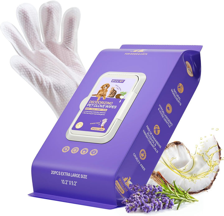 Cleaning Deodorizing Glove Wipes for Dogs & Cats, Vet Recommended Hypoallergenic Pet Cleaning and Hydrating Glove Wipes, Nourish Fur Coconut Oil Pet Bathing Wipes for Horse Coat Care