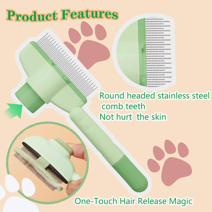 Cat Comb Dog Comb Pet Hair Removal Tool Flea for Cats and Dog Lice Cat Brush with Release Button Self-Cleaning with Long & Short Stainless Steel Metal Teeth for Shedding