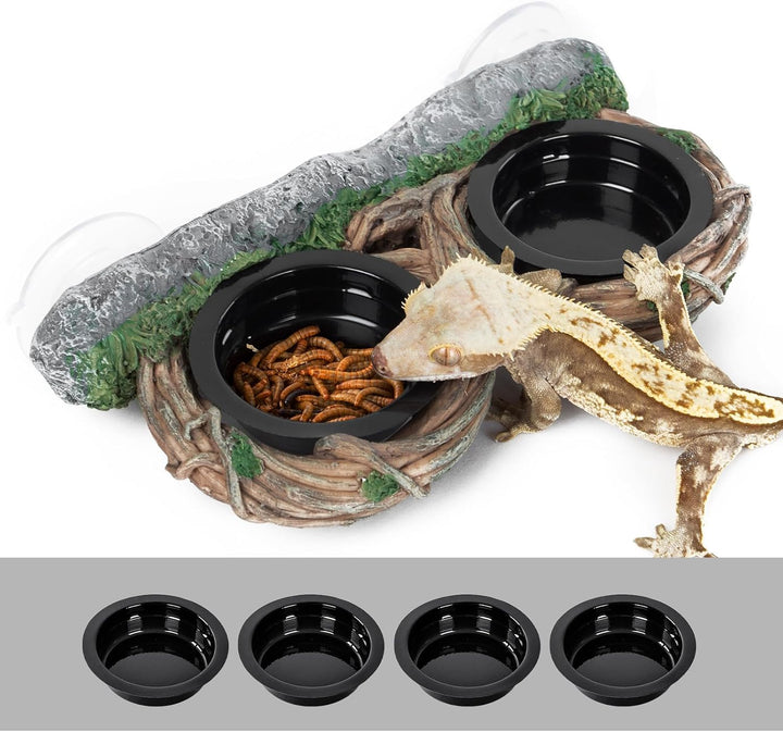 Dual Gecko Feeder Ledge, Reptile Hollow Vine Food Feeding for Bearded Dragon Lizard Snake Turtle, Reptile Water Feeding with 4 PCS Bowl, Reptile Dish Terrarium Tank Decor Accessories