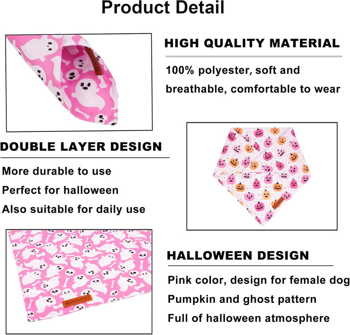 Halloween Dog Bandana, Pink Pumpkin Ghost Pet Scarf, Premium Durable Fabric, Adjustable Fit Female Halloween Bandanas for Medium Large Dogs Pets (Large)