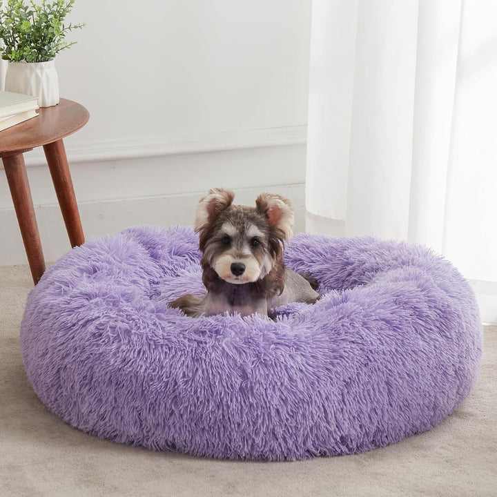 Calming Soft round Dog & Cat Bed, Anti-Anxiety Donut Cuddler Warming Cozy Fluffy Faux Fur Plush Cushion Bed for Small Medium Dogs and Cats (20"/24"/27"/30"), Light Grey