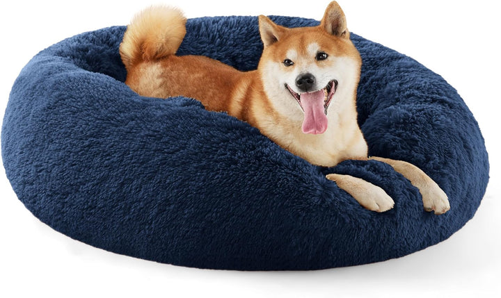 Calming Dog Bed Medium Size Dog - Donut Washable Medium Pet Bed, 30 Inches Anti-Slip round Fluffy Plush Faux Fur Cat Bed, Fits up to 45 Lbs Pets, Camel