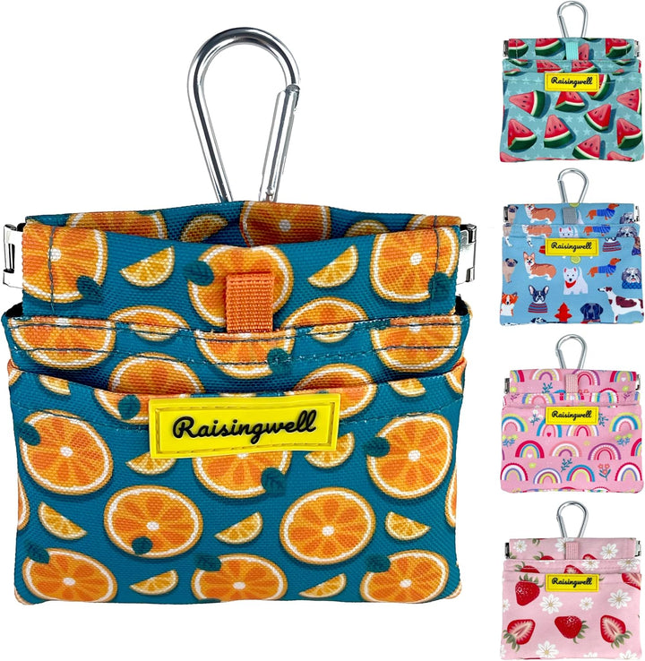 Dog Treat Pouch, Green Pocket Sized Pet Training Pouch, Cotton Fabric, Hand Free Dog Walking Bag with Carabiner, Self-Closing Pet Feed Snack Reward, for Puppy Travel or Outdoor Use