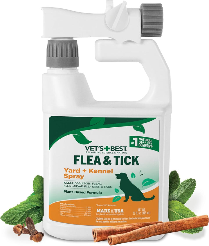 Flea and Tick Yard & Kennel Spray, Dog Flea Spray That Kills Fleas, Mosquitoes, & Ticks, Plant-Based Ingredients, Plant Safe Ready-To-Use Hose Attachment, 32 Fl Oz