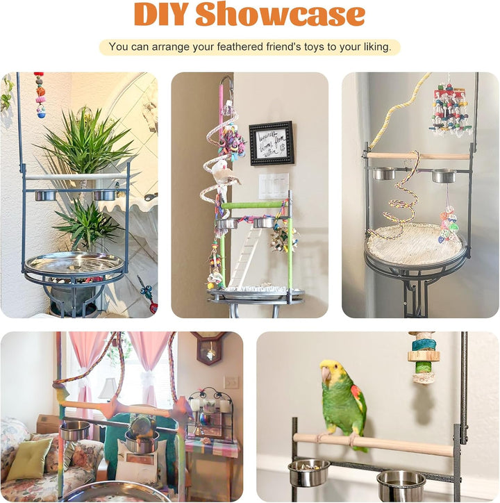 72" Parrot Stand,Stainless Steel Tray Bowls Large Bird Playstand,Parrot Perch with Easy Grip,Wrought Iron Bird Stand with Toy Hook,Macaw Play Gym Ground Stand Rolling Wheel,Pet Gift